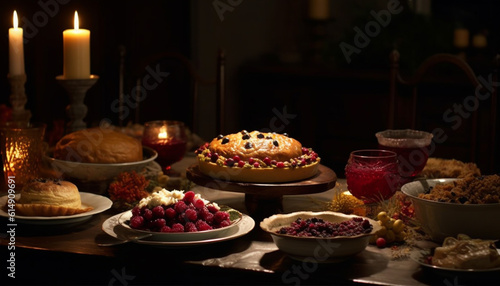 A homemade gourmet cheesecake with chocolate and berry decoration generated by AI