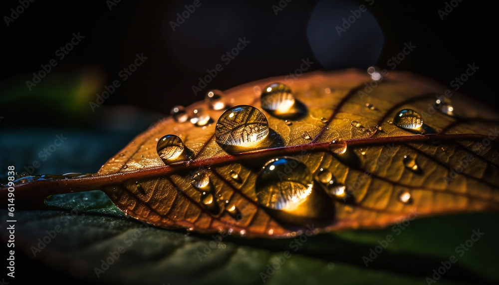 Fototapeta premium Freshness and beauty in nature dew drops on leaf veins generated by AI