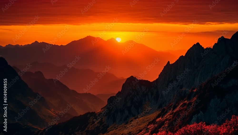 The majestic mountain range at sunset, a tranquil scene generated by AI The majestic mountain range at sunset, a tranquil scene generated by AI
