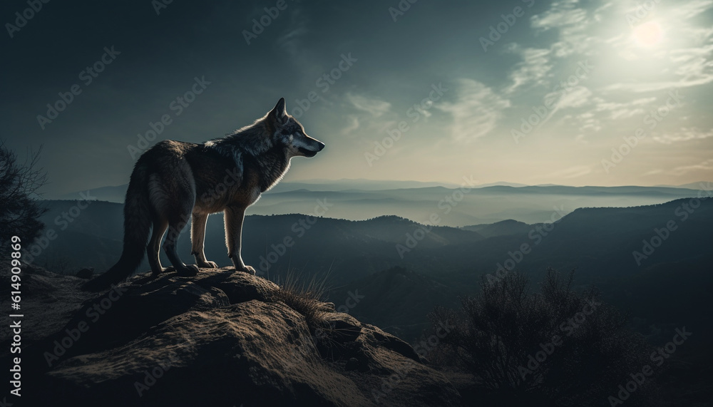 A majestic wolf stands on a mountain peak at dusk generated by AI A majestic wolf stands on a mountain peak at dusk generated by AI