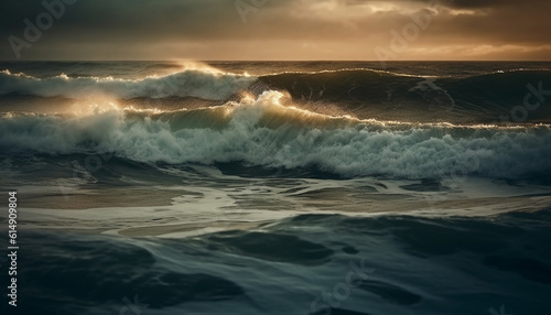 Breaking wave crashes on the sandy shore at sunset generated by AI