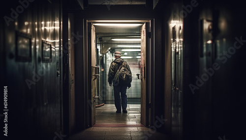 One man standing, looking spooky inside subway station corridor generated by AI