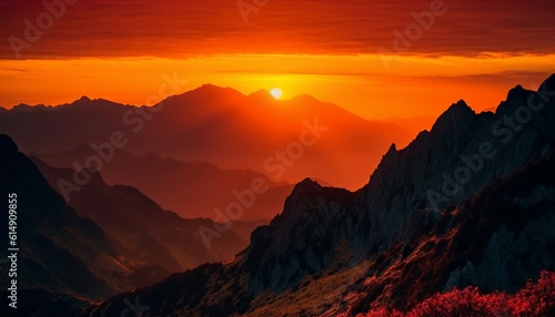 The majestic mountain range at sunset, a tranquil scene generated by AI