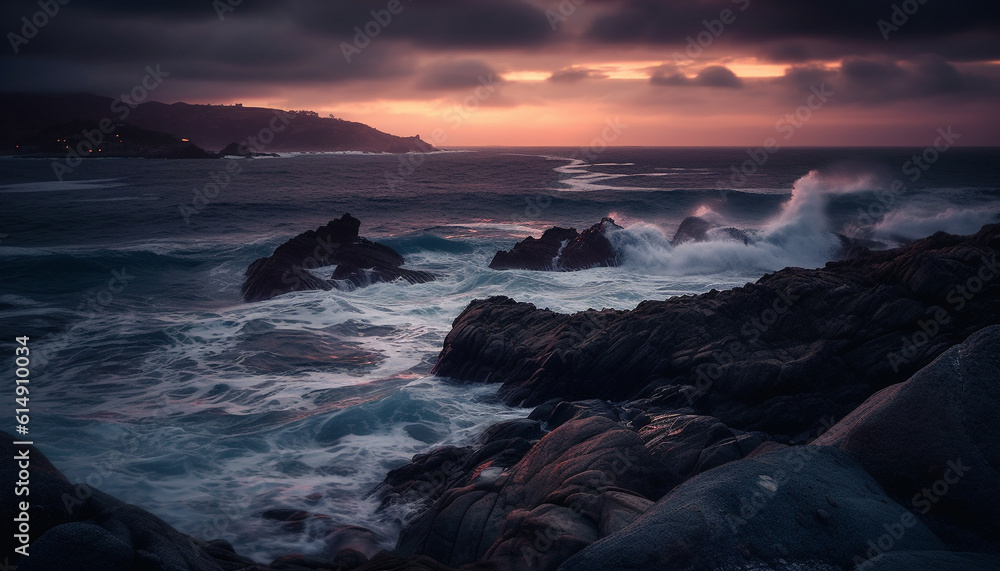 Fototapeta premium Breaking waves spray majestic coastline at idyllic travel destination generated by AI