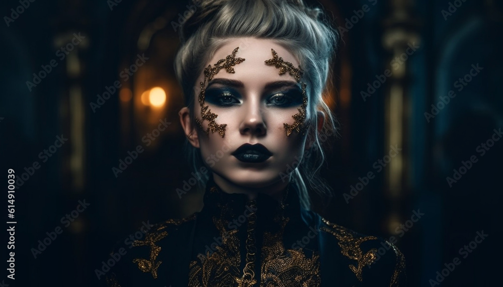 One beautiful adult woman in gothic style dress, looking spooky generated by AI One beautiful adult woman in gothic style dress, looking spooky generated by AI