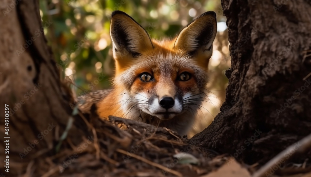 Fototapeta premium Red fox, alert and cute, sitting in autumn forest solitude generated by AI