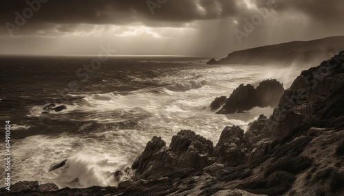 Dramatic sky and crashing waves create awe inspiring natural beauty generated by AI