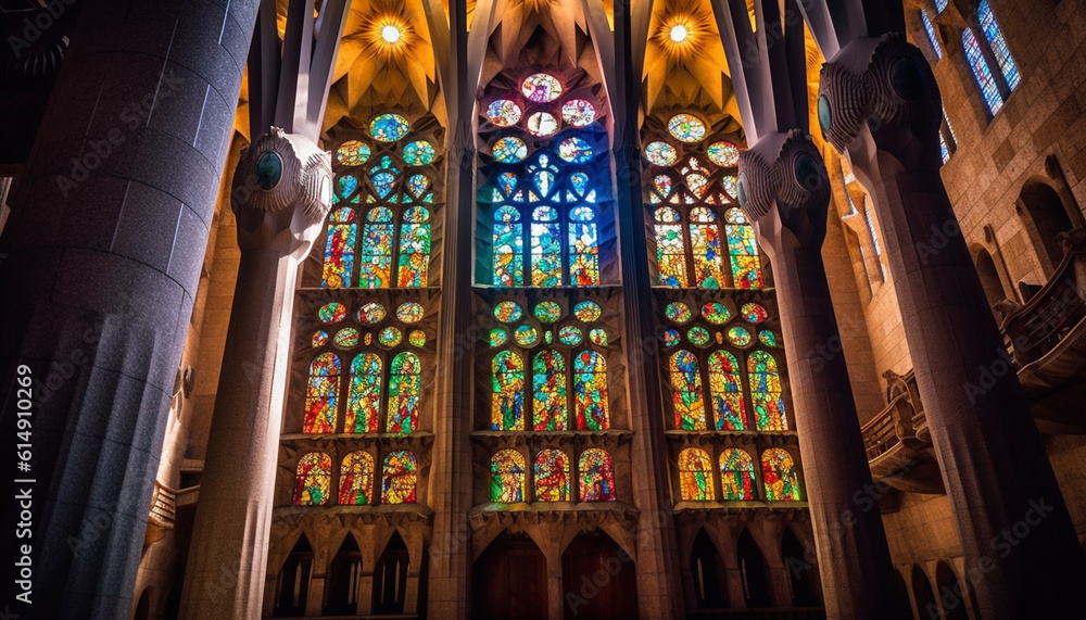 Medieval Gothic basilica with illuminated stained glass and majestic arches generated by AI