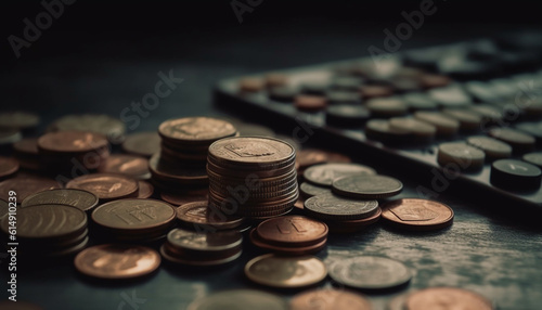 A large stack of coins symbolizes wealth and success generated by AI