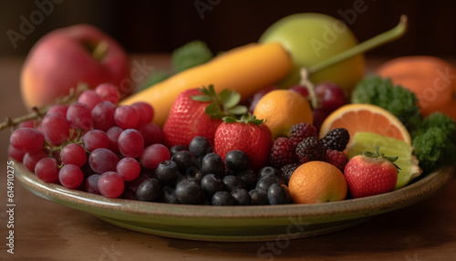 A healthy fruit bowl with organic berries and juicy grapes generated by AI