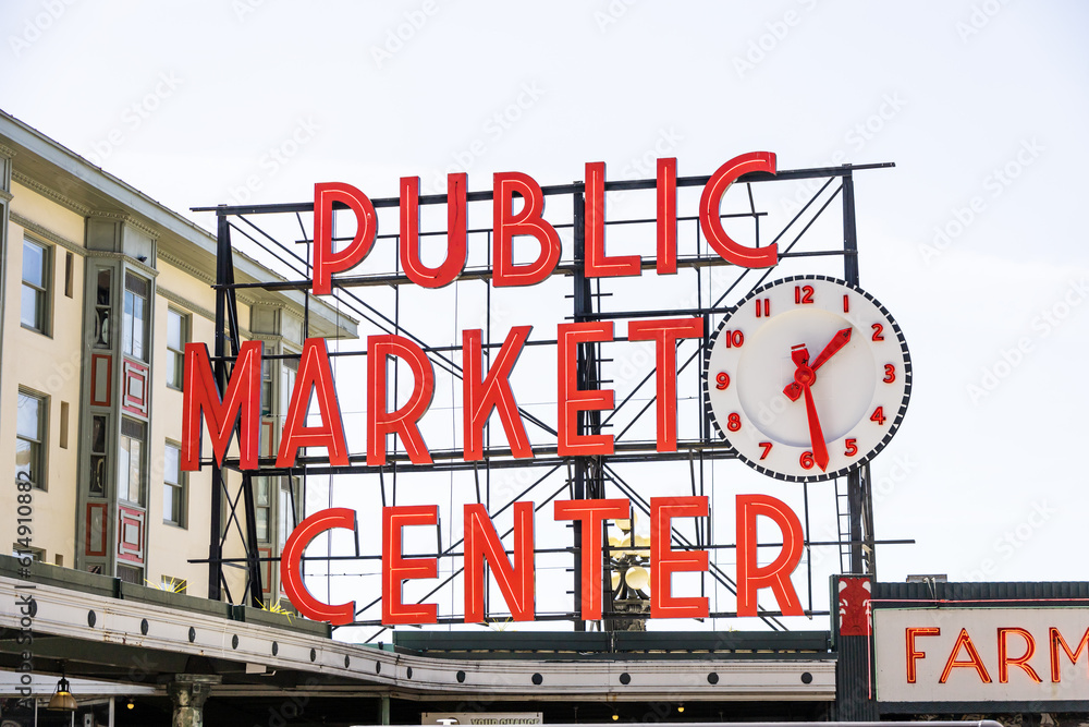 Obraz premium public market center red sign