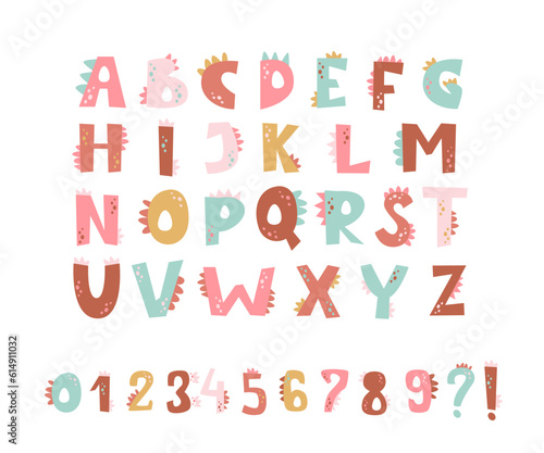 Vector cute letters and numbers in the form of girl dinosaurs