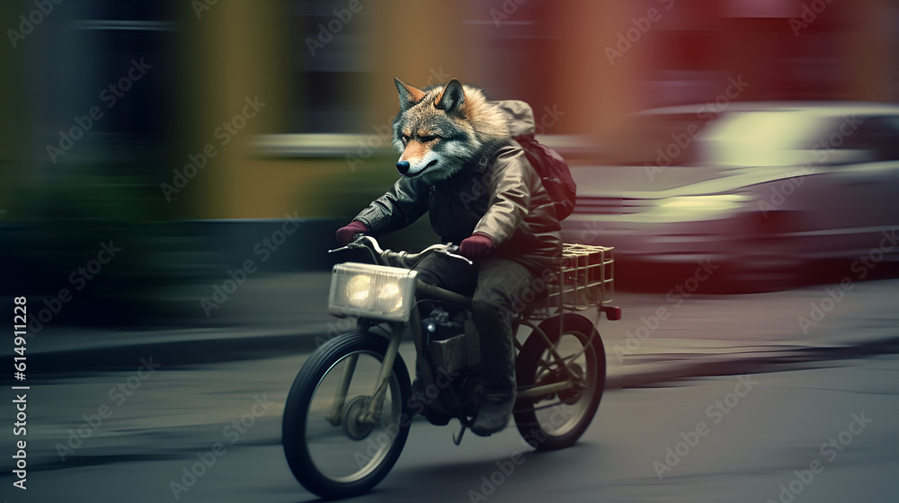 cool wolf, in jacket and urban clothes riding a bike very fast, long exposure, ai generative cool wolf, in jacket and urban clothes riding a bike very fast, long exposure, ai generative
