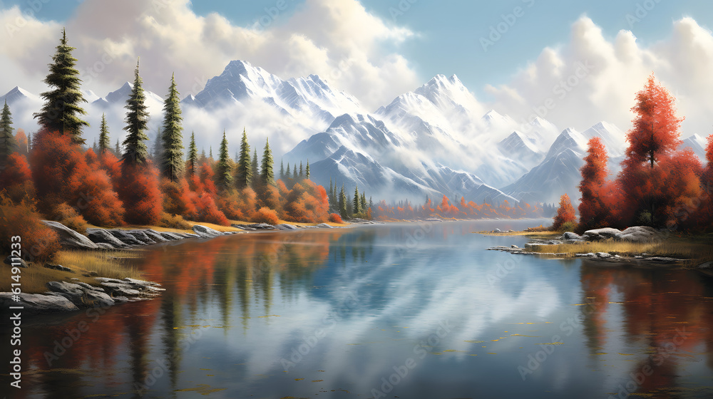 Vista panorâmica de um lago serene refletindo montanha coberta de neve - obrazy, fototapety, plakaty 