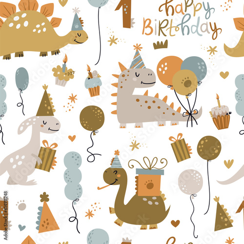 Happy birthday seamless pattern with cute dinosaurs.