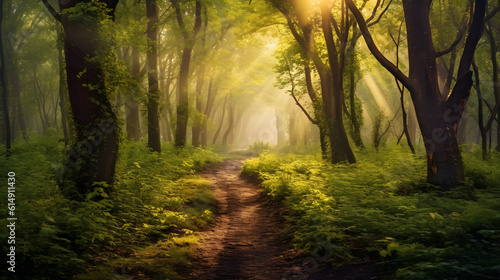 Caminho pacífico através de uma floresta densa