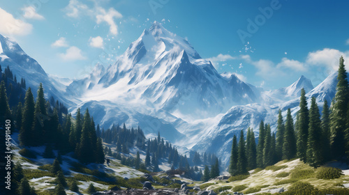 Montanha com neve no meio da floresta