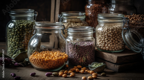 Dried, raw and fresh legumes and beans in glass jars. Lentils, chickpeas, mung beans, soybeans. Healthy food, vegan protein, micronutrients and fiber sources. Rustic kitchen table. Generative AI