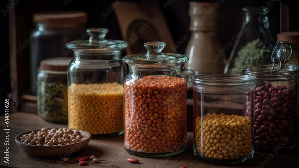 Dried, raw and fresh legumes and beans in glass jars. Lentils, chickpeas, mung beans, soybeans. Healthy food, vegan protein, micronutrients and fiber sources. Rustic kitchen table. Generative AI