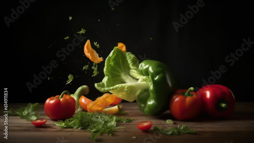 Falling vegetables  salad of bell pepper  tomato and lettuce leaves. Generative AI