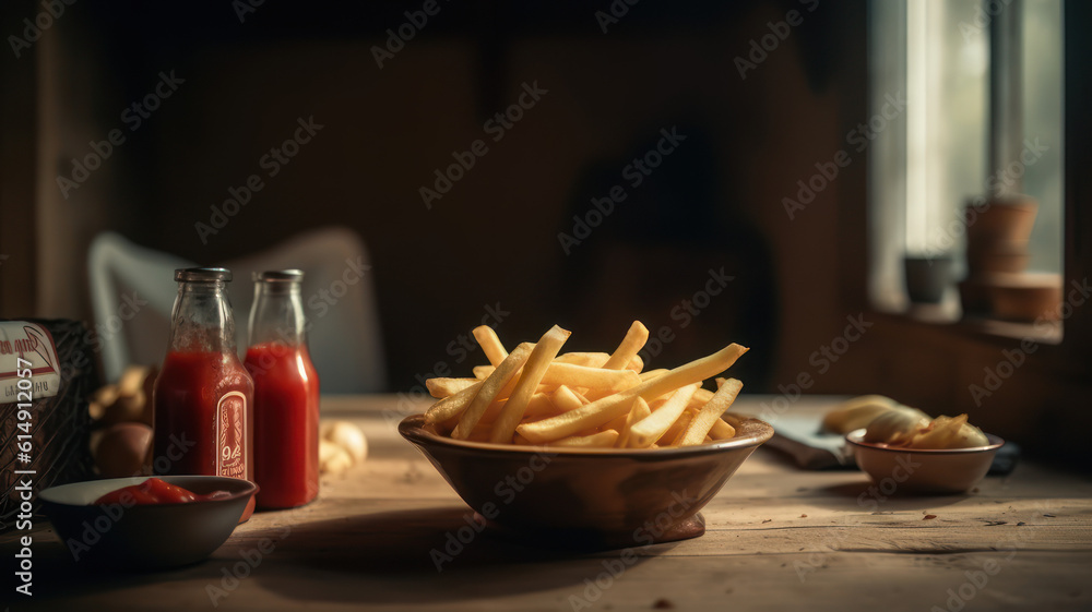 French fries, potato snack with ketchup, fast food on a wooden table, a side dish. Generative AI