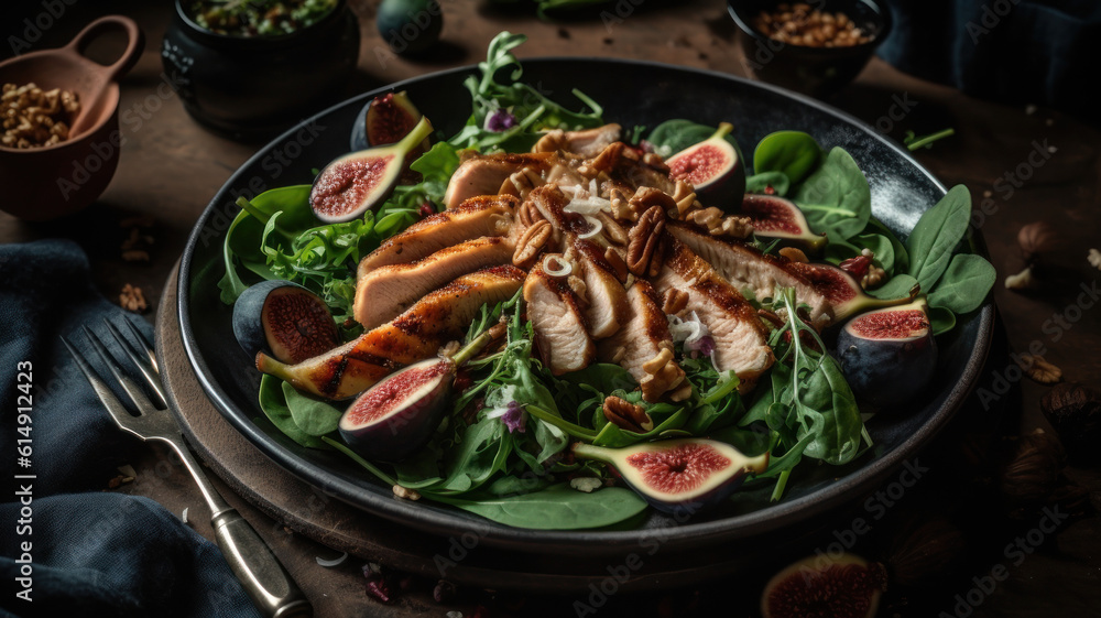 Gourmet salad with fresh figs, grilled chicken, parmesan cheese, grape, arugula, swiss chard with wine vinegar dressing. Black kitchen table background, top view. Generative AI