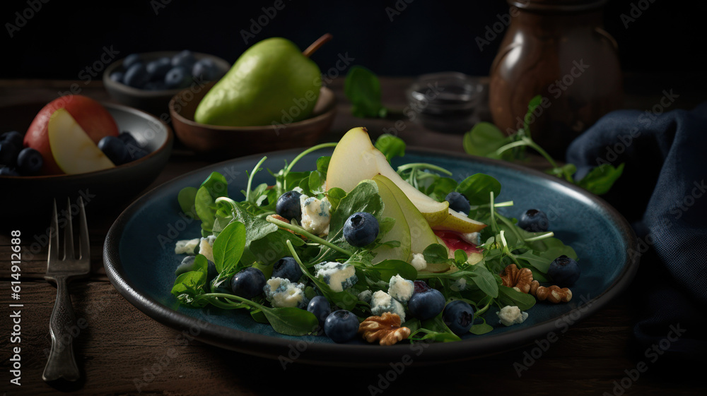 Gourmet salad with sweet pears, blueberries, blue cheese, arugula and walnuts. Black table background, top view. Generative AI Gourmet salad with sweet pears, blueberries, blue cheese, arugula and walnuts. Black table background, top view. Generative AI