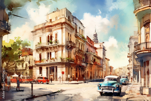 Havana city in watercolor style. with typical Cuban vehicle. image and traditional, travel concept. vacation. tourist destination. image generated with ai