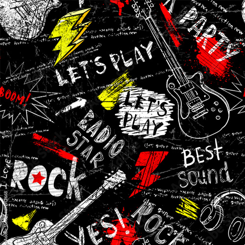 Abstract seamless modern pattern with guitar, headphones, spray paint, words rock star.  Abstract fashion drawing print design in hand drawing style.