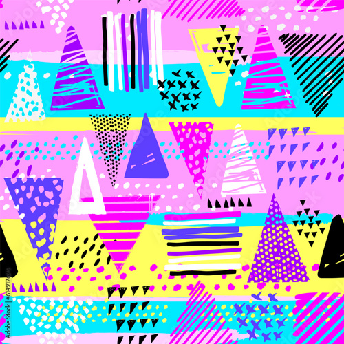 Vector geometric neon pattern with triangles on black background. Abstract colorful seamless wallpaper