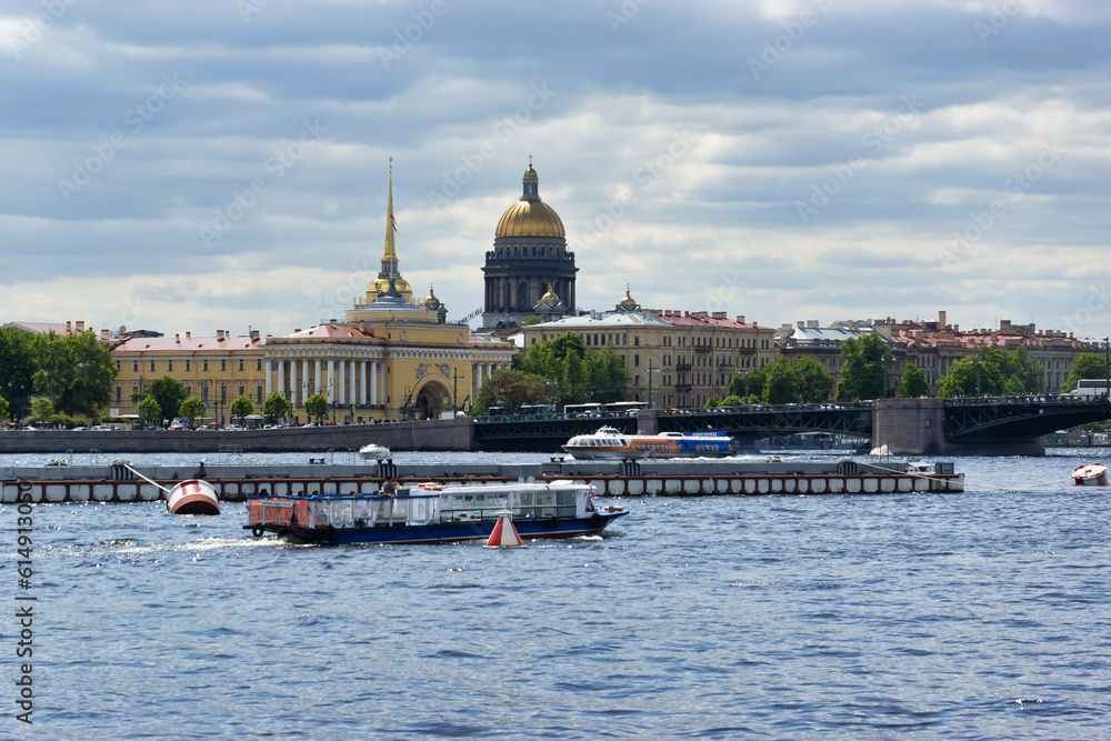 Saint-Petersburg, Russia. June 11, 2023: View of the historic city and the Neva River. Navigation on the Neva