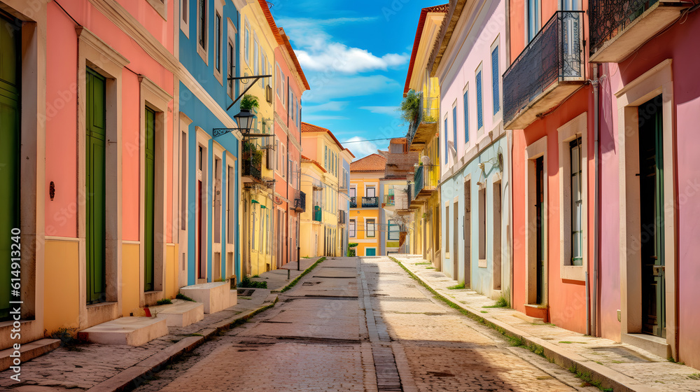 Rua charmosa em cidade histórica com casas coloridas