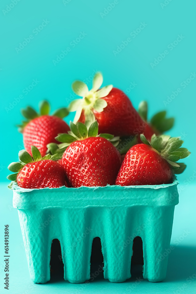 Ripe juicy fresh strawberries in a blue carton on turquoise background ...