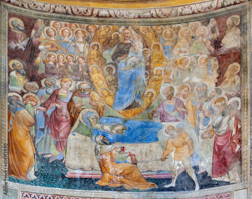NAPLES, ITALY - APRIL 23, 2023: The fresco of Dormition of Virgin Mary in the church Chiesa di San Giovanni a Carbonara by Leonardo da Besozzo from 15. cent.	
