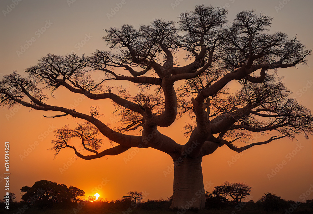 African baobab in the savannah at sunset, generative AI