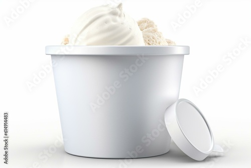 Realistic white ice cream tub isolated on white background, for design purposes. 3D illustration. Generative AI