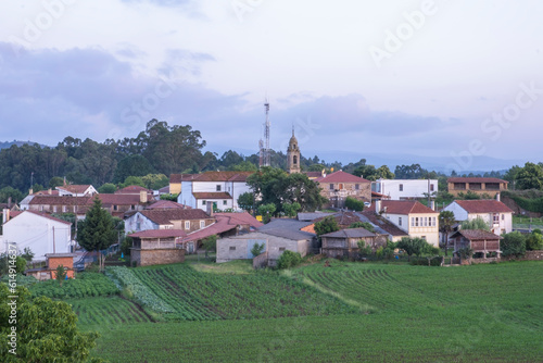 O Pedrouzo, O Pino Galicia, Spain - 11 June, 2023. View of the village and the church of Santa Eulalia