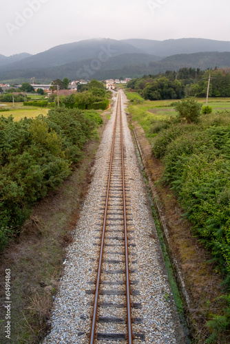 Railway, Railroad, Train Tracks, Green Pasture, Mountain on Background