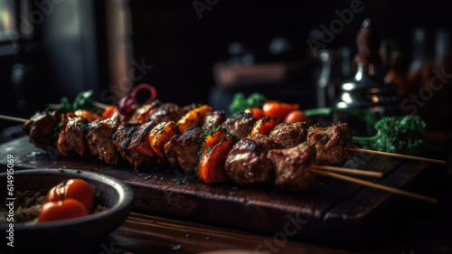 Grilled meat skewers  shish kebab with vegetables on wooden board. Good food. Delicious food. Generative AI