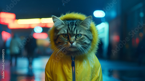 medium shot of a retro futuristic cute cat in hood, standing in a neon retro city, y2k, nostalgia, vintage, 90s movie style, lofi fashion, ai generative  © Another Dimension