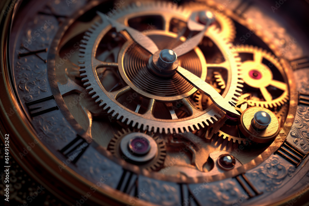 Complex watch parts, Gears and cogs in clockwork watch mechanism. Generative AI
