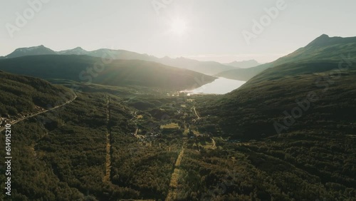 Epic majestic view of norwegian landscape from above in bright sunlight photo