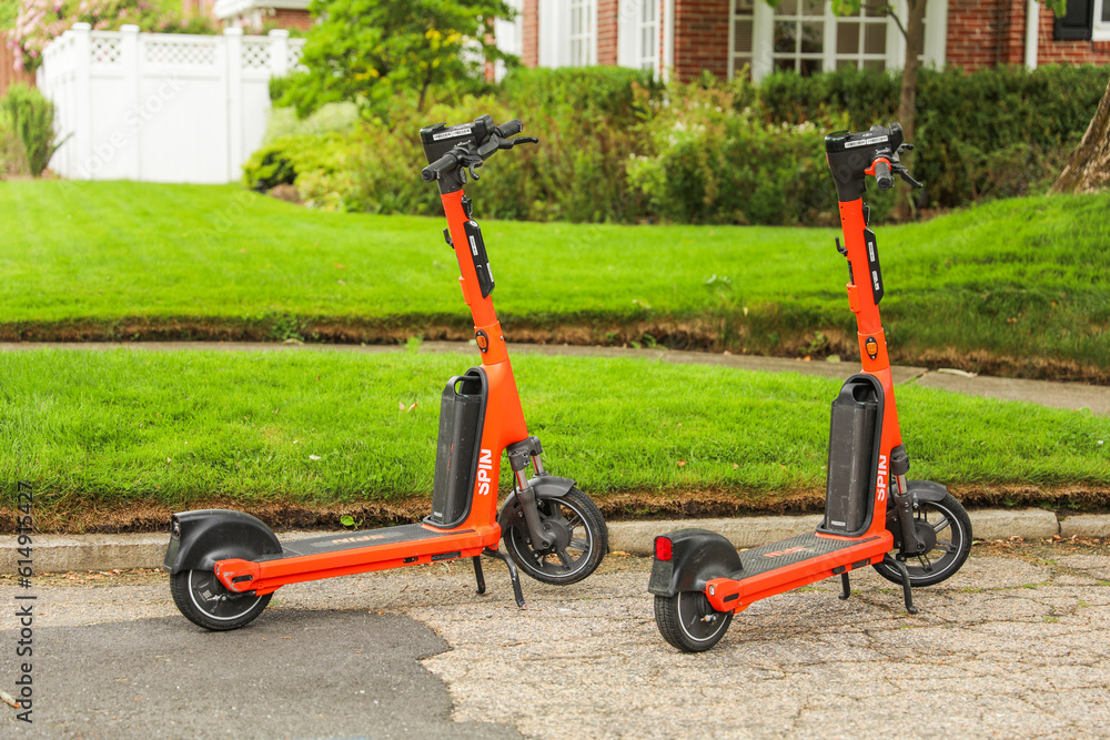 providnece, ri, usa, june 19, 2013, fleet of electric scooters parked