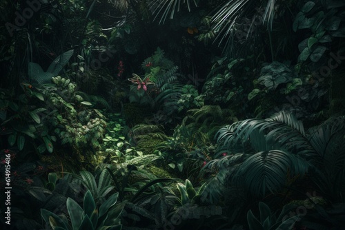 Continuous jungle design with dark shade leaves. Generative AI