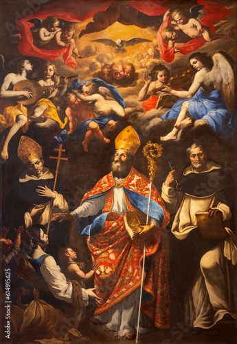 NAPLES, ITALY - APRIL 23, 2023: The painting St. Biagio with St. Anthony and Raymond of Penyafort in the church Basilica di Santa Maria della Sanita by Agostino Beltrano (1653). 