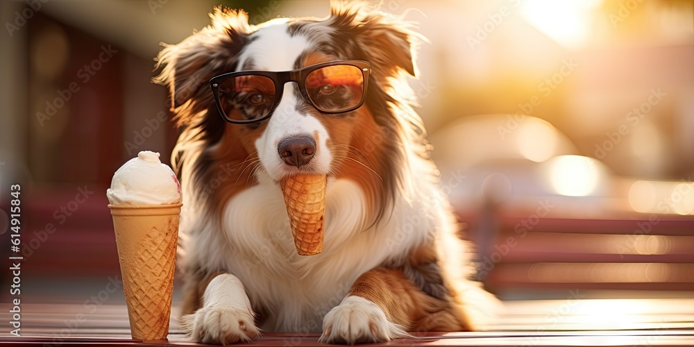 australian shepherd wearing sunglasses eating ice cream outside Generative AI