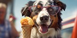 australian shepherd wearing sunglasses eating ice cream outside Generative AI
