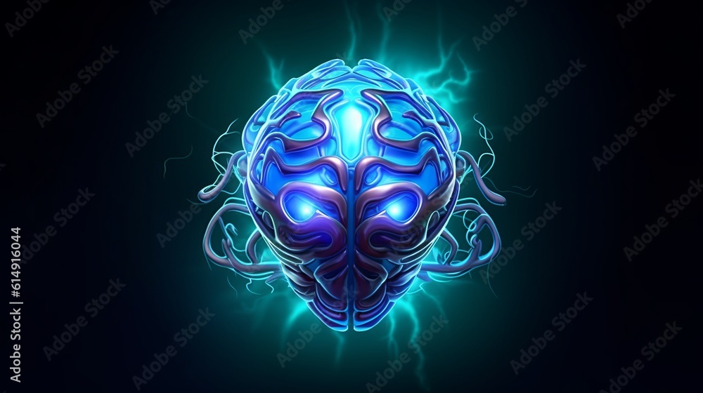 An isolated digital artwork logo representing artificial intelligence, featuring a blue brain, set against a black background. Generative Ai An isolated digital artwork logo representing artificial intelligence, featuring a blue brain, set against a black background. Generative Ai