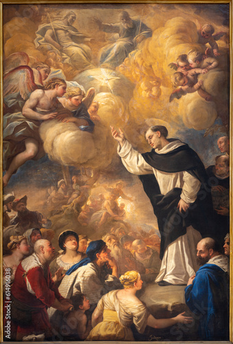 NAPLES, ITALY - APRIL 23, 2023: The painting of Sermon of St. Vincent Ferrer  in the church Basilica di Santa Maria della Sanita by Luca Giordano ( 1634 – 1705).	