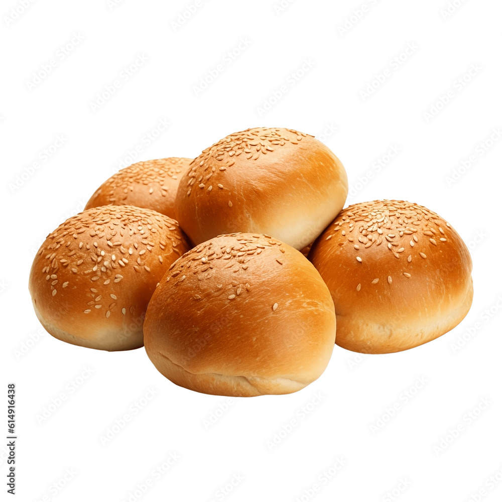 Bread buns with sesame seeds isolated on transparent  background, fresh baked wheat bread buns over white background, baking, fresh pastry and bakery concept. generative ai